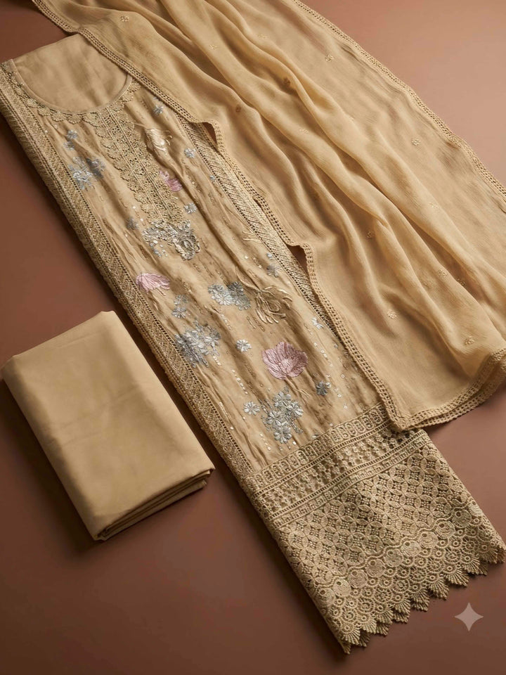 Beige Cotton Blend Embroidered Unstitched Dress Material