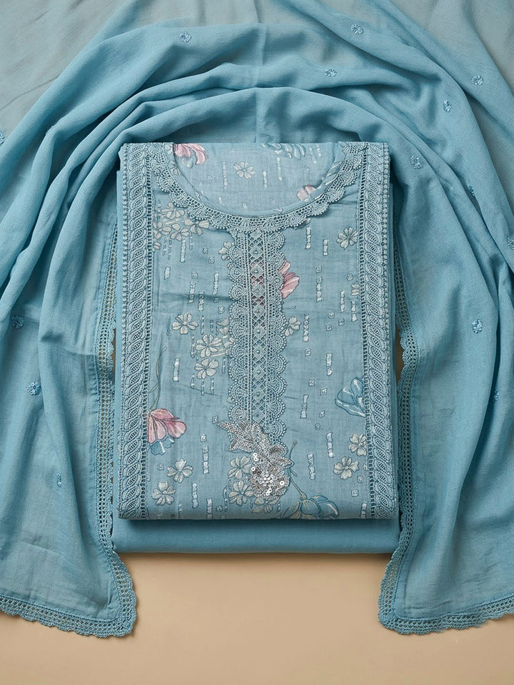 Blue Cotton Blend Embroidered Unstitched Dress Material
