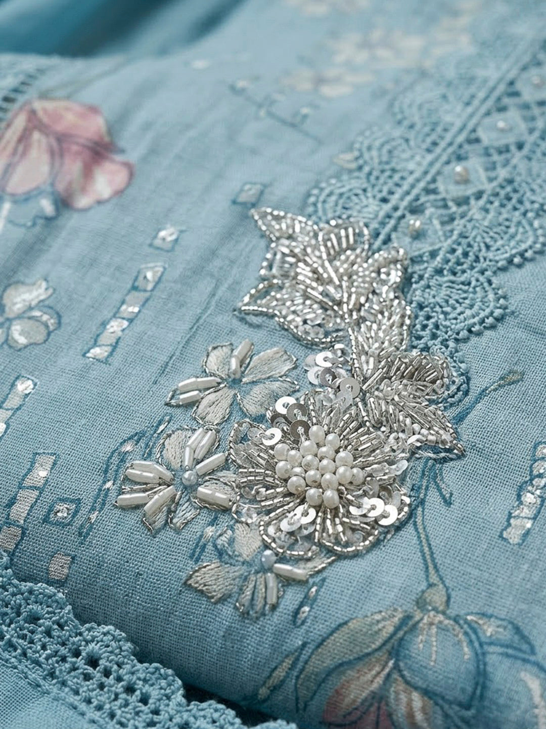 Blue Cotton Blend Embroidered Unstitched Dress Material