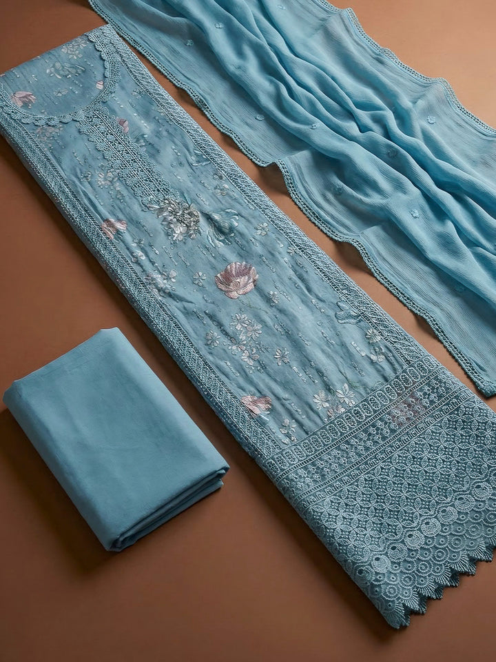 Blue Cotton Blend Embroidered Unstitched Dress Material