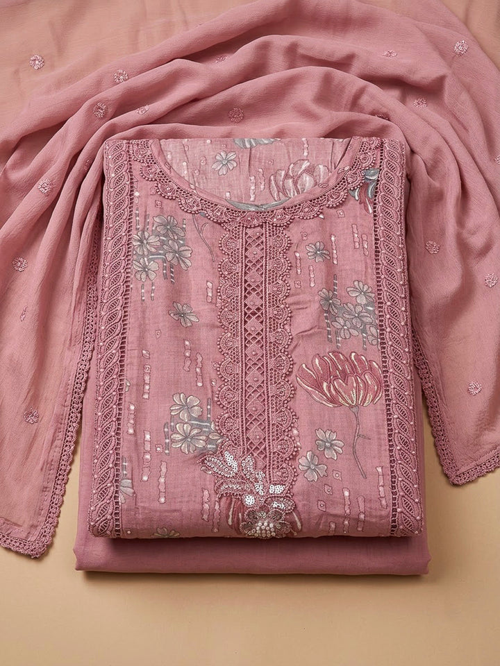 Onion Pink Cotton Blend Embroidered Unstitched Dress Material