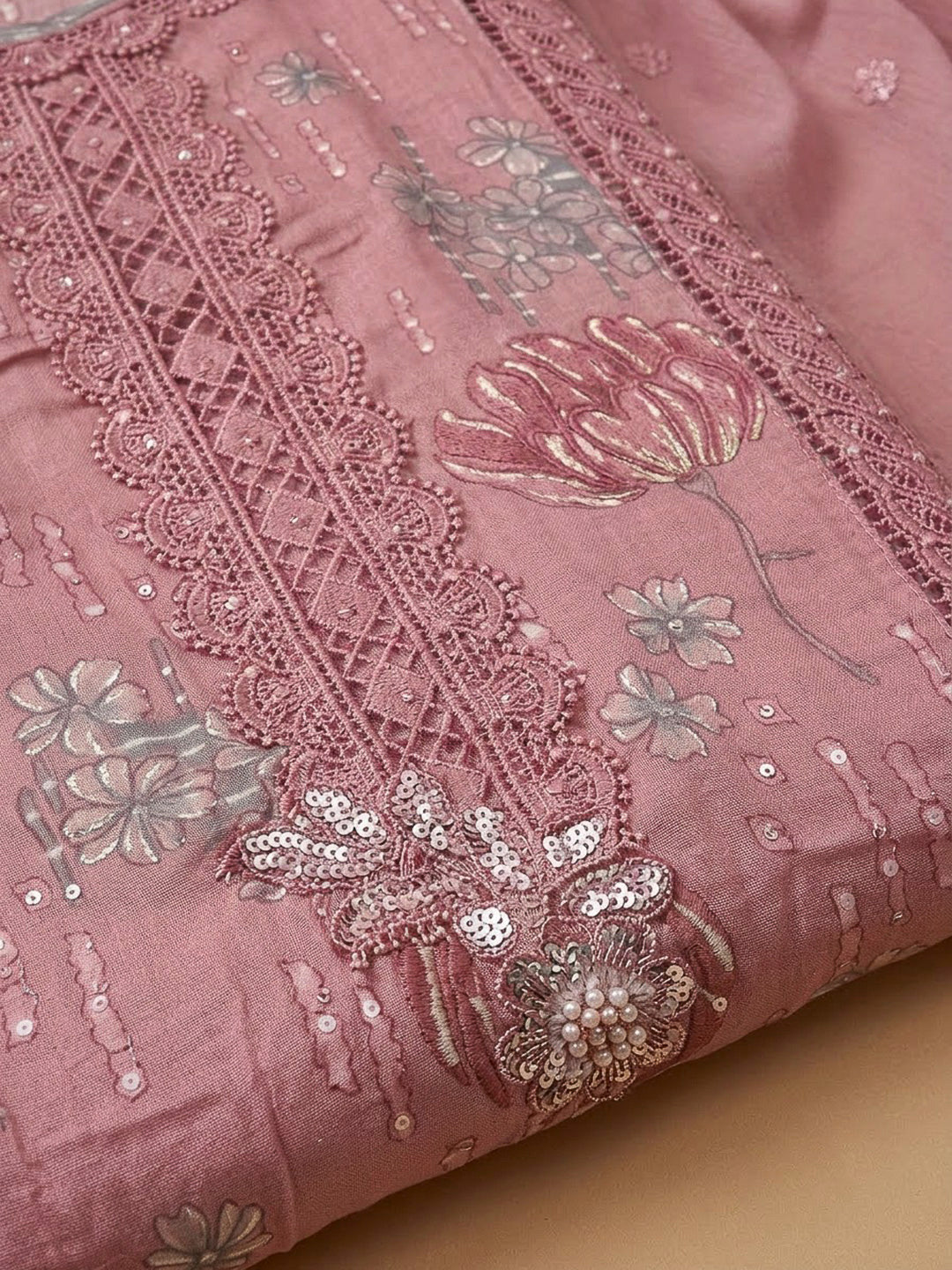 Onion Pink Cotton Blend Embroidered Unstitched Dress Material