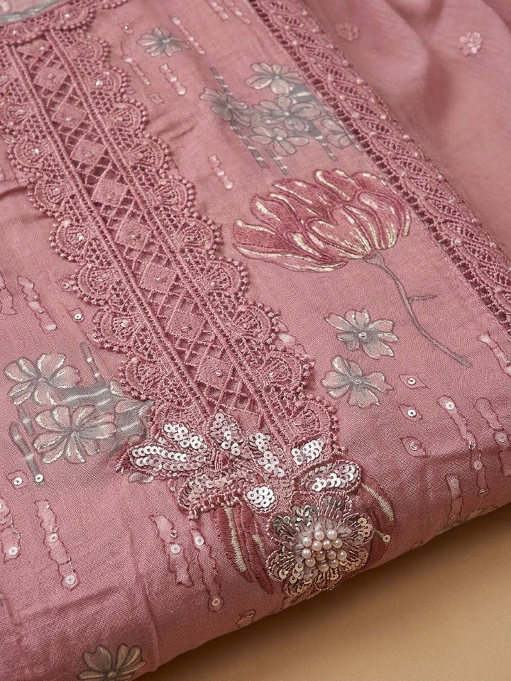 Onion Pink Cotton Blend Embroidered Unstitched Dress Material