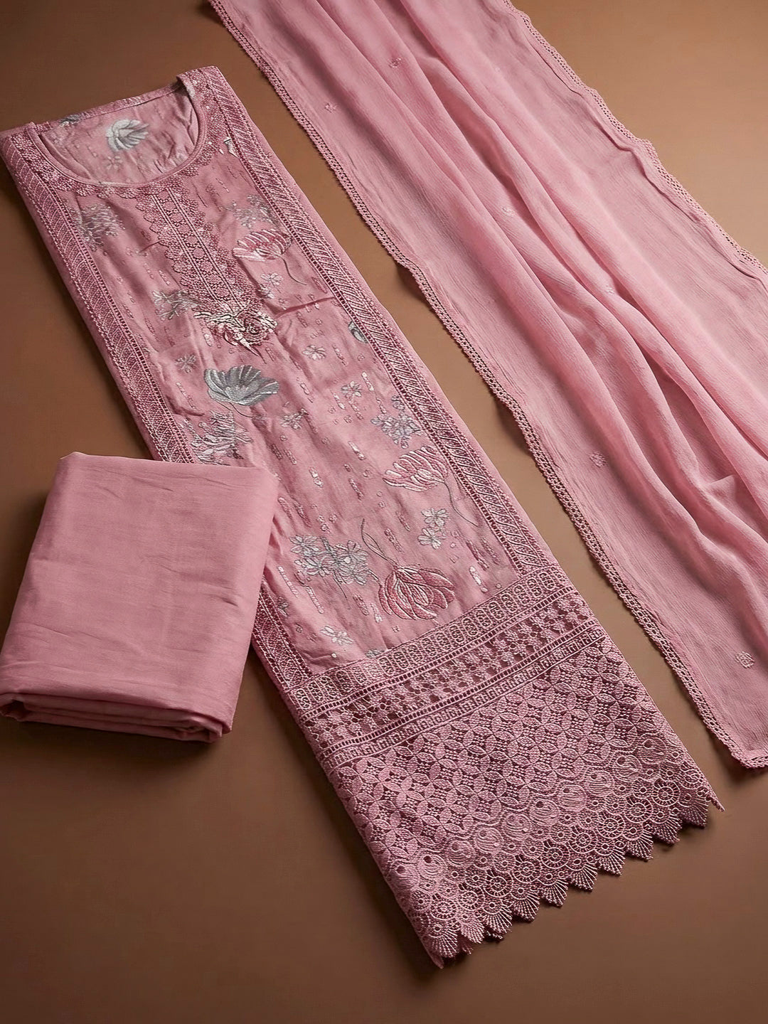 Onion Pink Cotton Blend Embroidered Unstitched Dress Material