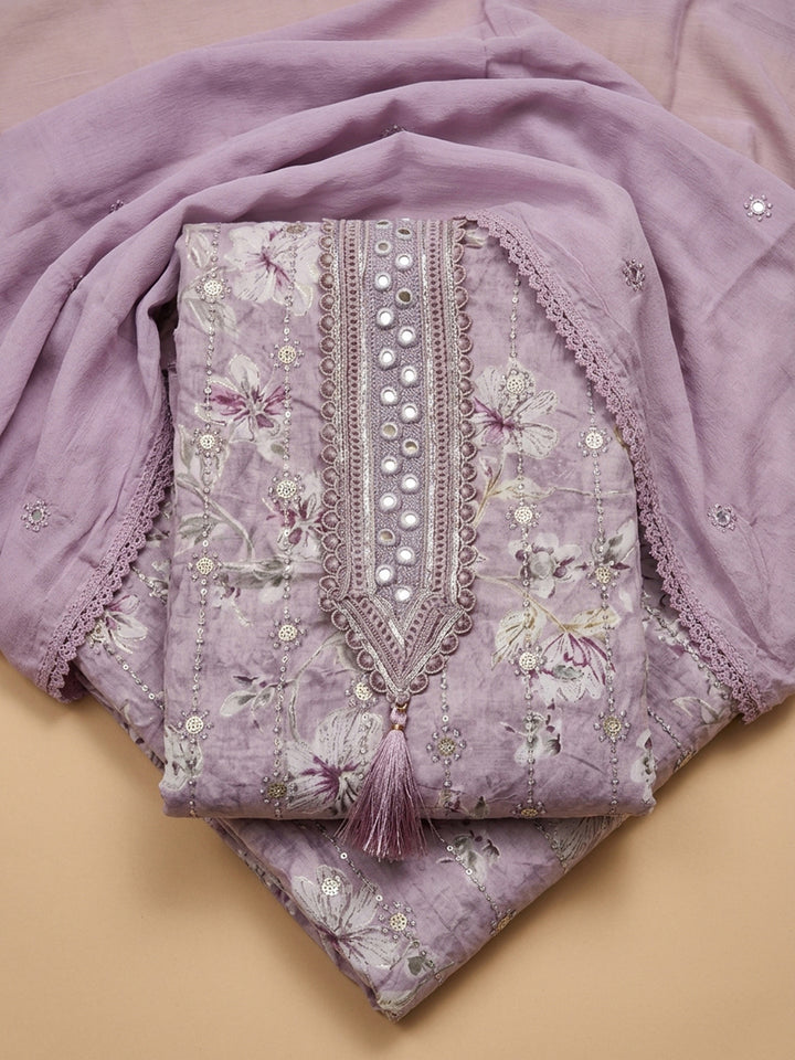 Lavender Embroidered Cotton Blend Unstitched Suit &amp; Pant With Cotton Dupatta