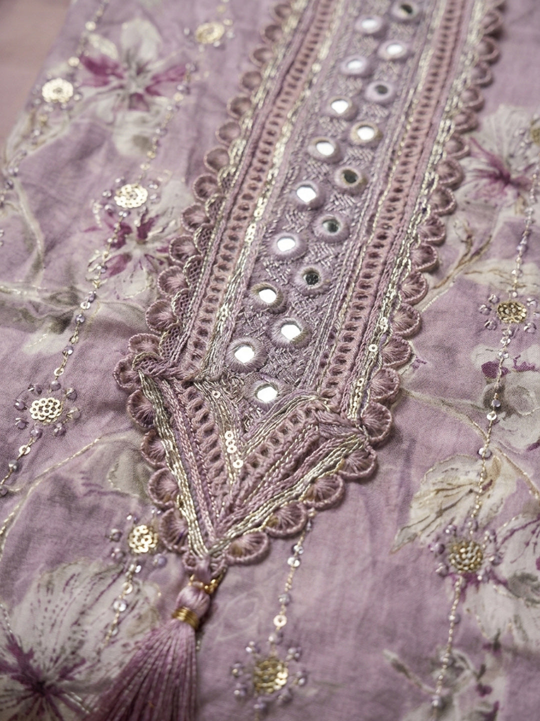 Lavender Embroidered Cotton Blend Unstitched Suit &amp; Pant With Cotton Dupatta