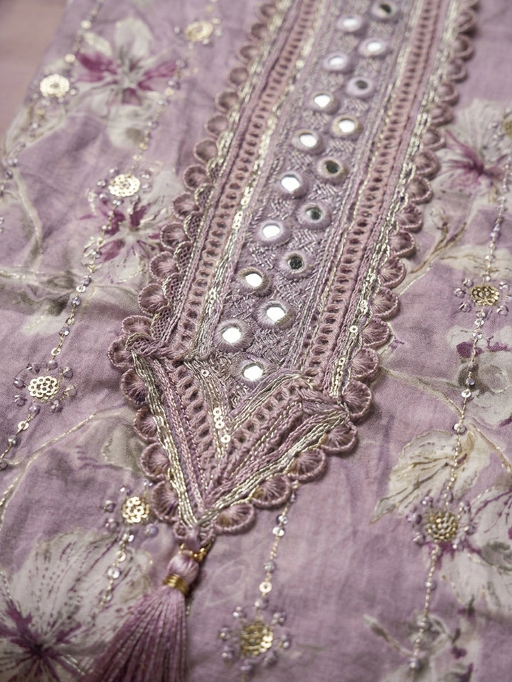 Lavender Embroidered Cotton Blend Unstitched Suit &amp; Pant With Cotton Dupatta