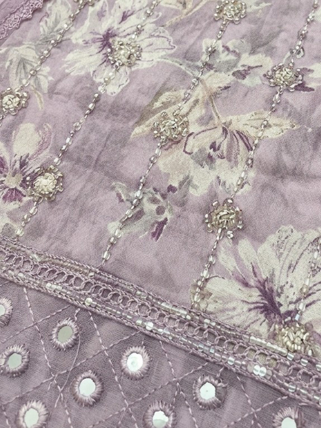 Lavender Embroidered Cotton Blend Unstitched Suit &amp; Pant With Cotton Dupatta