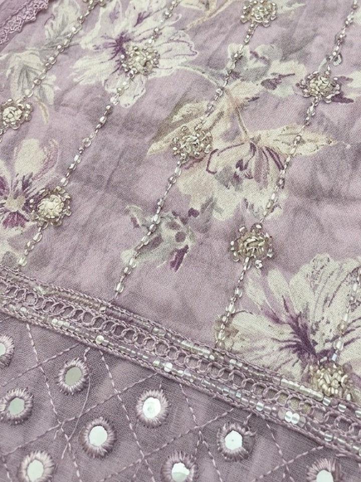 Lavender Embroidered Cotton Blend Unstitched Suit &amp; Pant With Cotton Dupatta