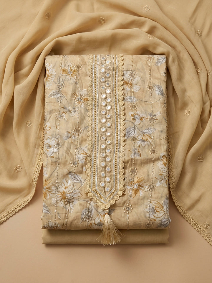 Mustard Embroidered Cotton Blend Unstitched Suit &amp; Pant With Cotton Dupatta