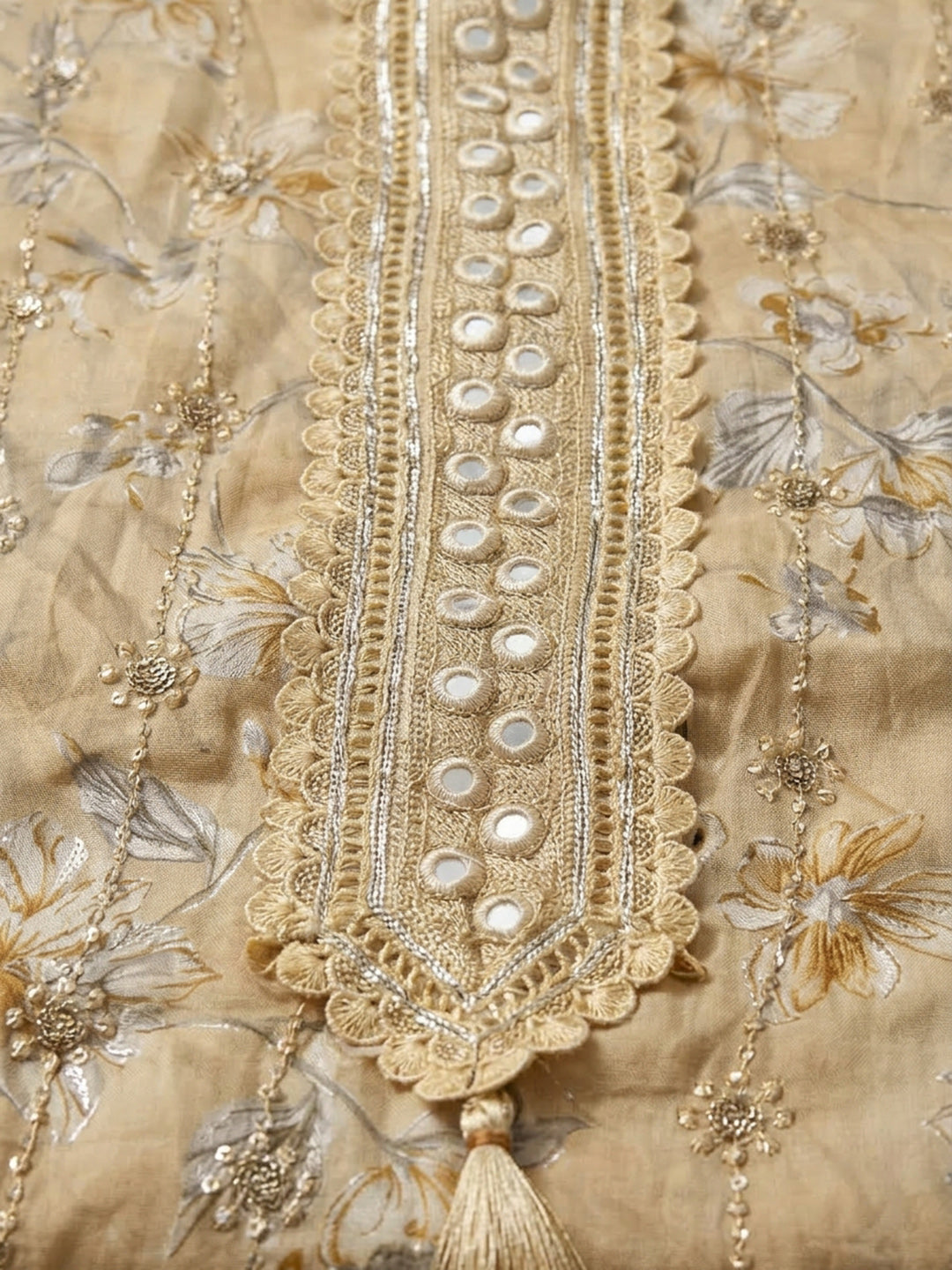Mustard Embroidered Cotton Blend Unstitched Suit &amp; Pant With Cotton Dupatta