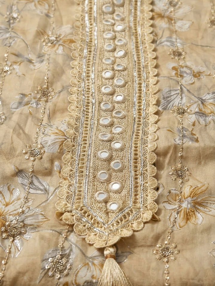 Mustard Embroidered Cotton Blend Unstitched Suit &amp; Pant With Cotton Dupatta