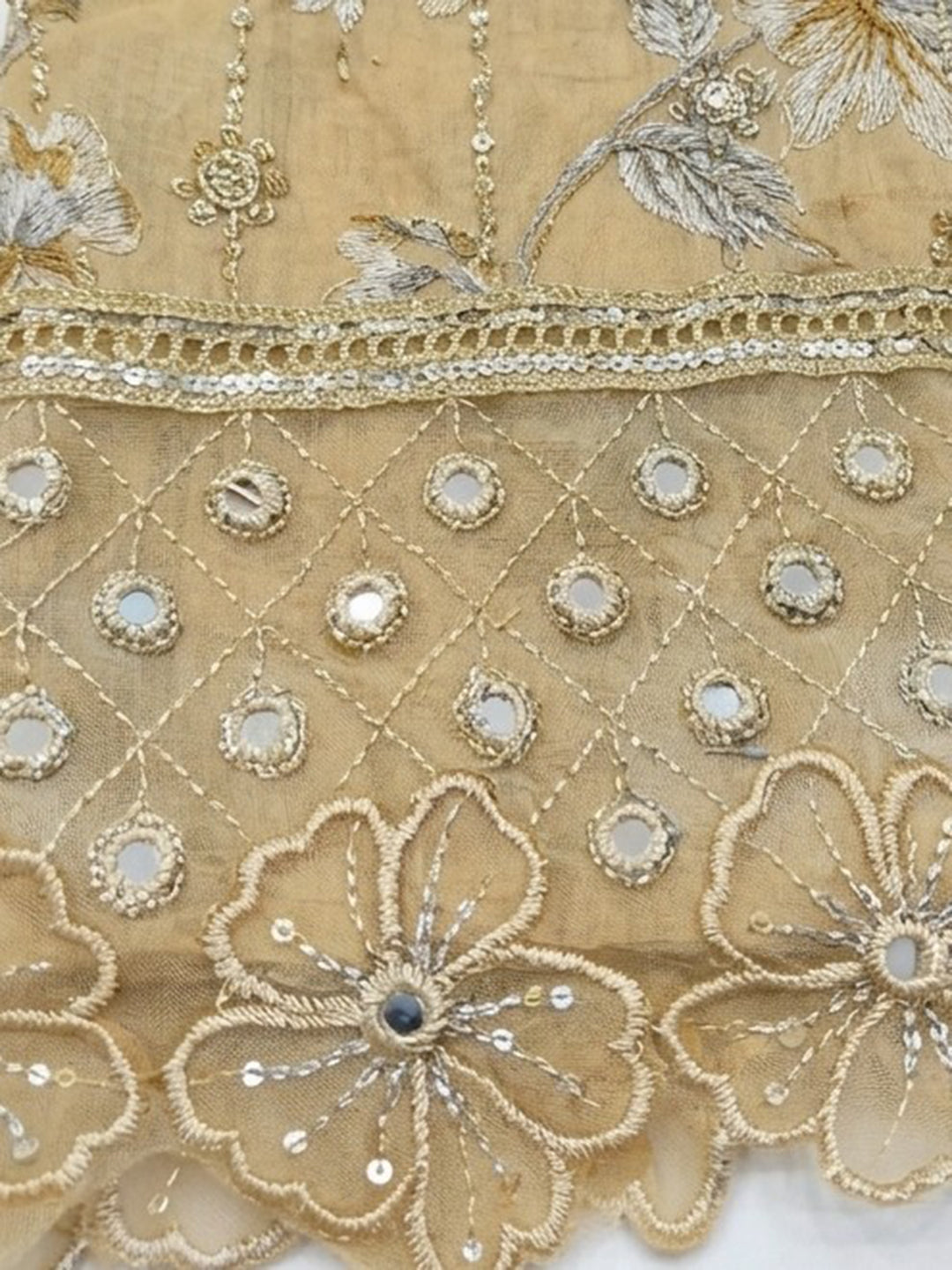 Mustard Embroidered Cotton Blend Unstitched Suit &amp; Pant With Cotton Dupatta