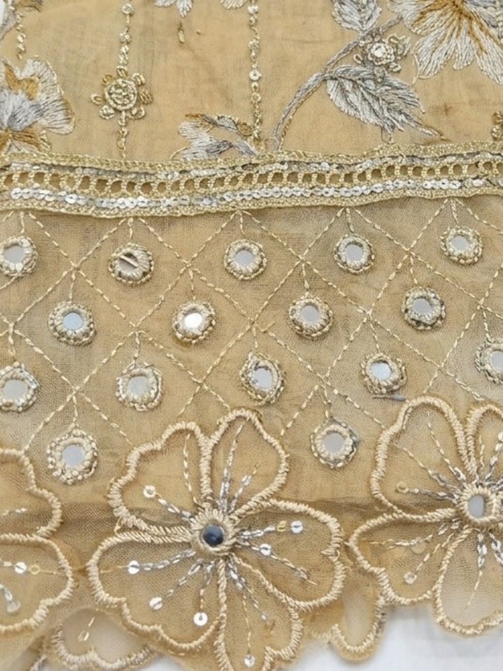 Mustard Embroidered Cotton Blend Unstitched Suit &amp; Pant With Cotton Dupatta