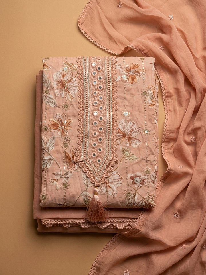 Peach Embroidered Cotton Blend Unstitched Suit &amp; Pant With Cotton Dupatta