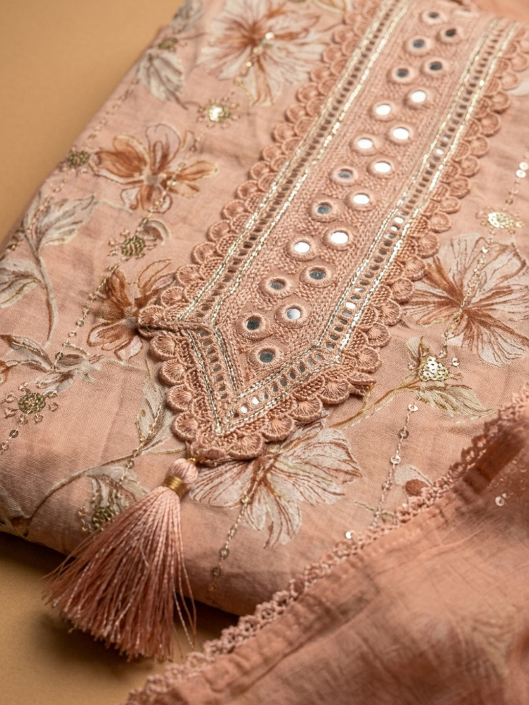 Peach Embroidered Cotton Blend Unstitched Suit &amp; Pant With Cotton Dupatta