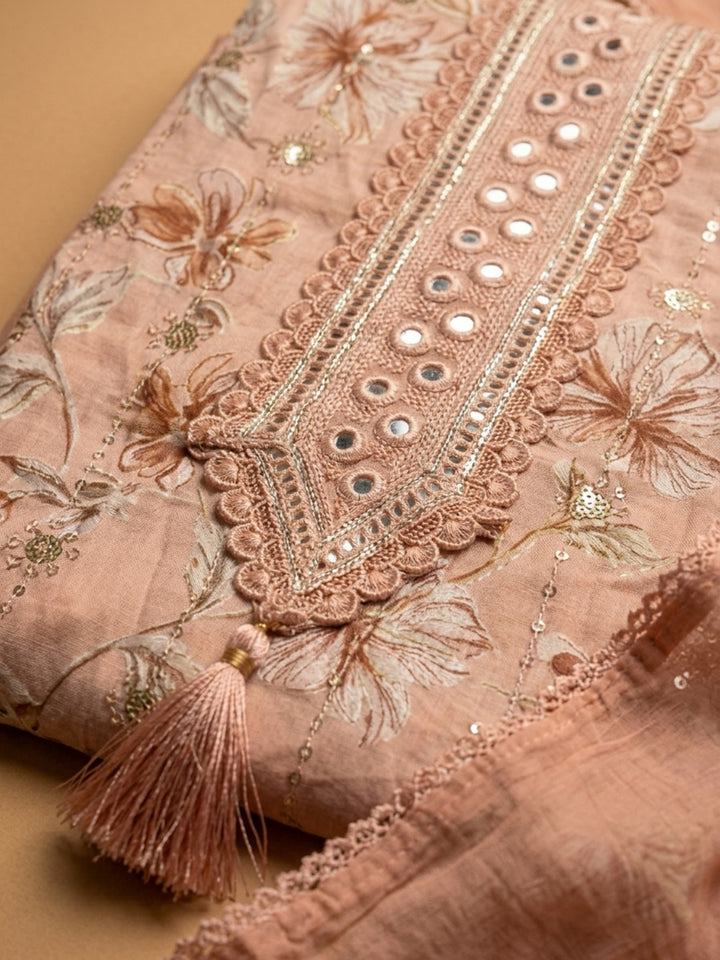 Peach Embroidered Cotton Blend Unstitched Suit &amp; Pant With Cotton Dupatta