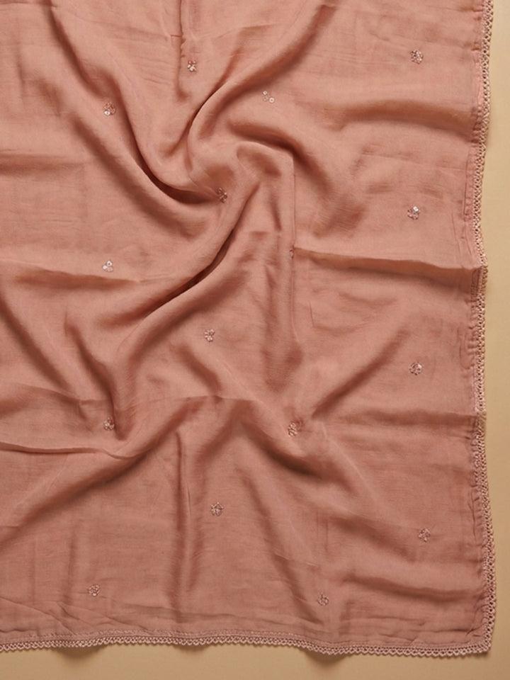 Peach Embroidered Cotton Blend Unstitched Suit &amp; Pant With Cotton Dupatta