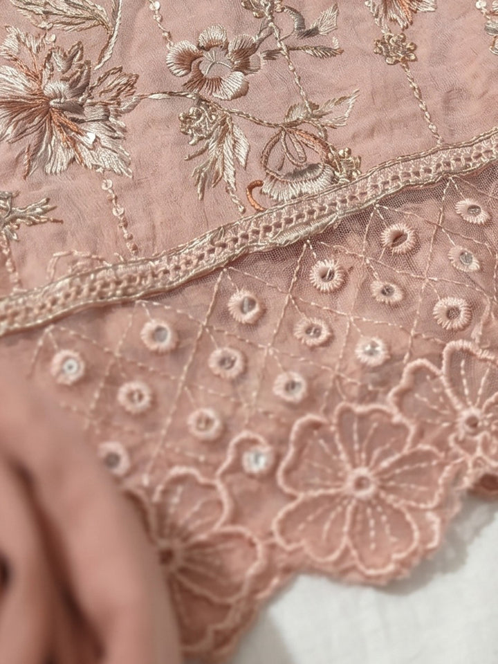 Peach Embroidered Cotton Blend Unstitched Suit &amp; Pant With Cotton Dupatta