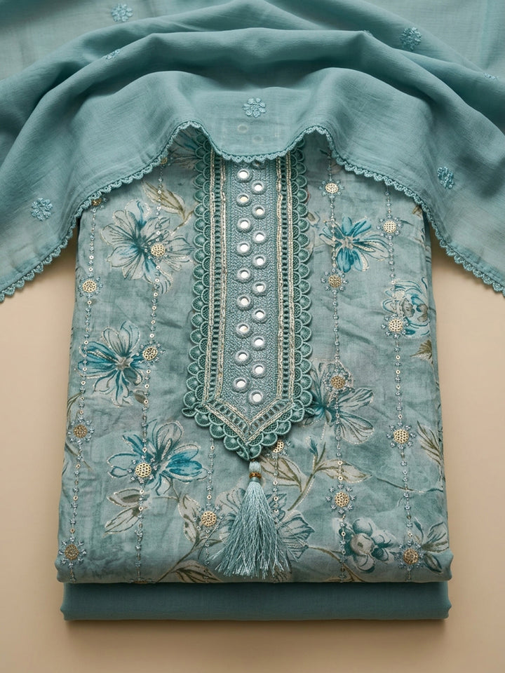 Sky Blue Embroidered Cotton Blend Unstitched Suit &amp; Pant With Cotton Dupatta