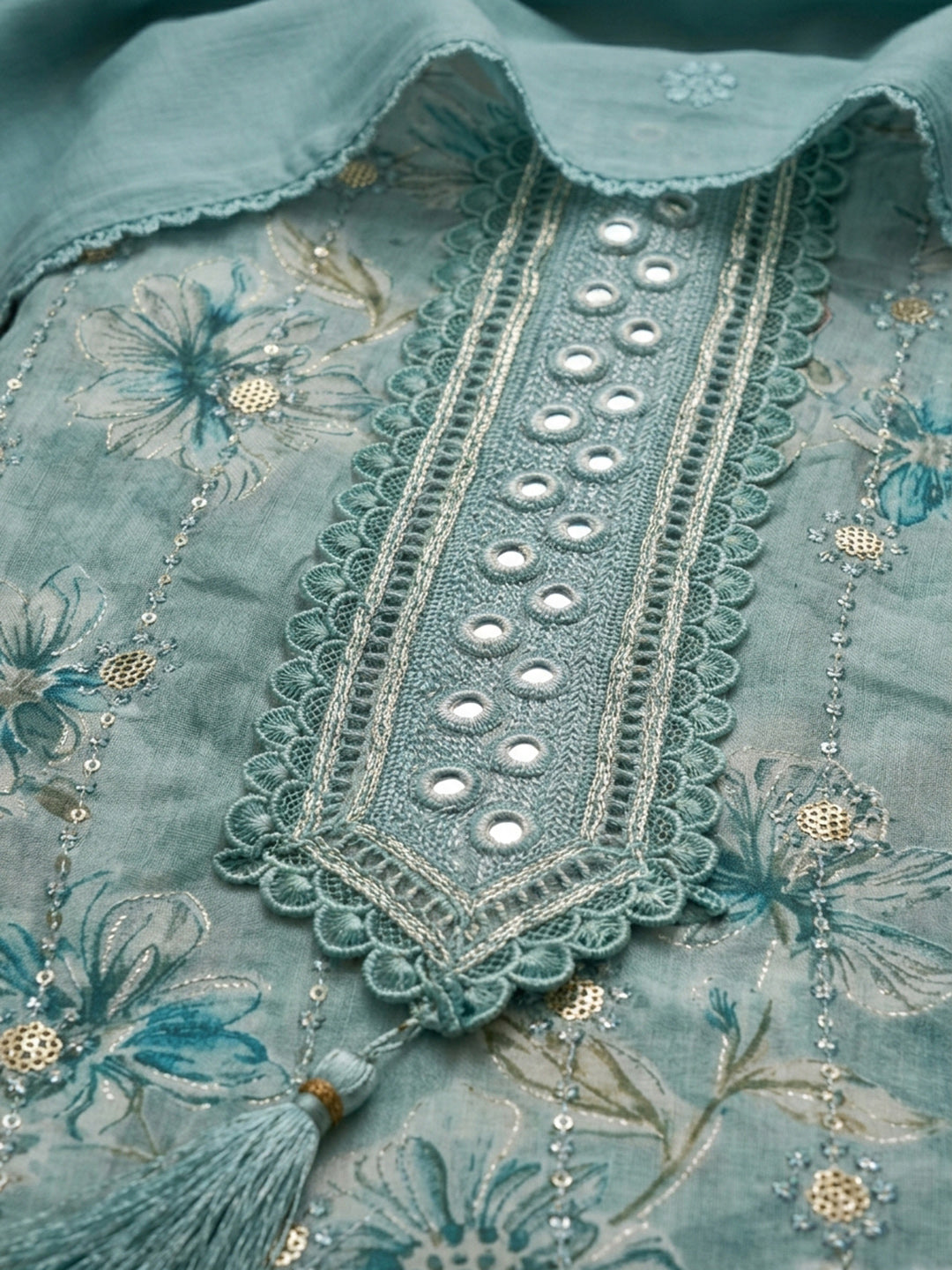 Sky Blue Embroidered Cotton Blend Unstitched Suit &amp; Pant With Cotton Dupatta