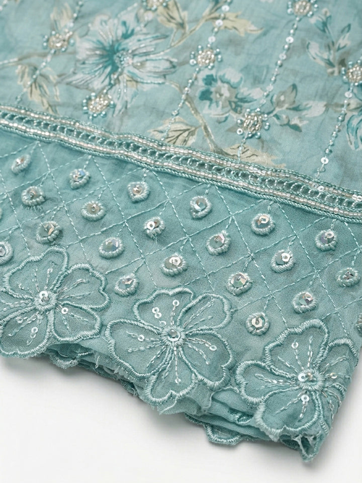 Sky Blue Embroidered Cotton Blend Unstitched Suit &amp; Pant With Cotton Dupatta