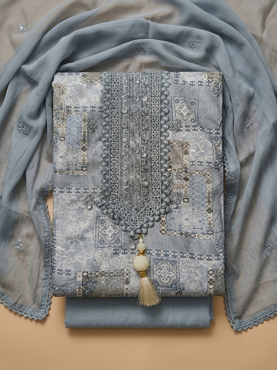 Grey Embroidered Cotton Blend Unstitched Suit &amp; Pant With Cotton Dupatta