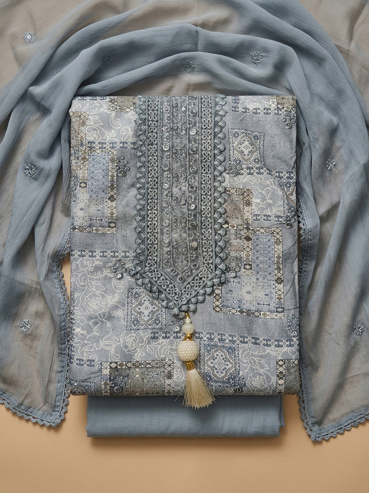 Grey Embroidered Cotton Blend Unstitched Suit &amp; Pant With Cotton Dupatta