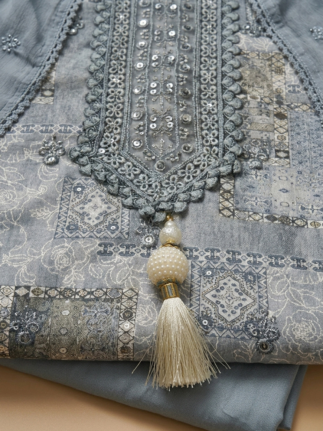 Grey Embroidered Cotton Blend Unstitched Suit &amp; Pant With Cotton Dupatta