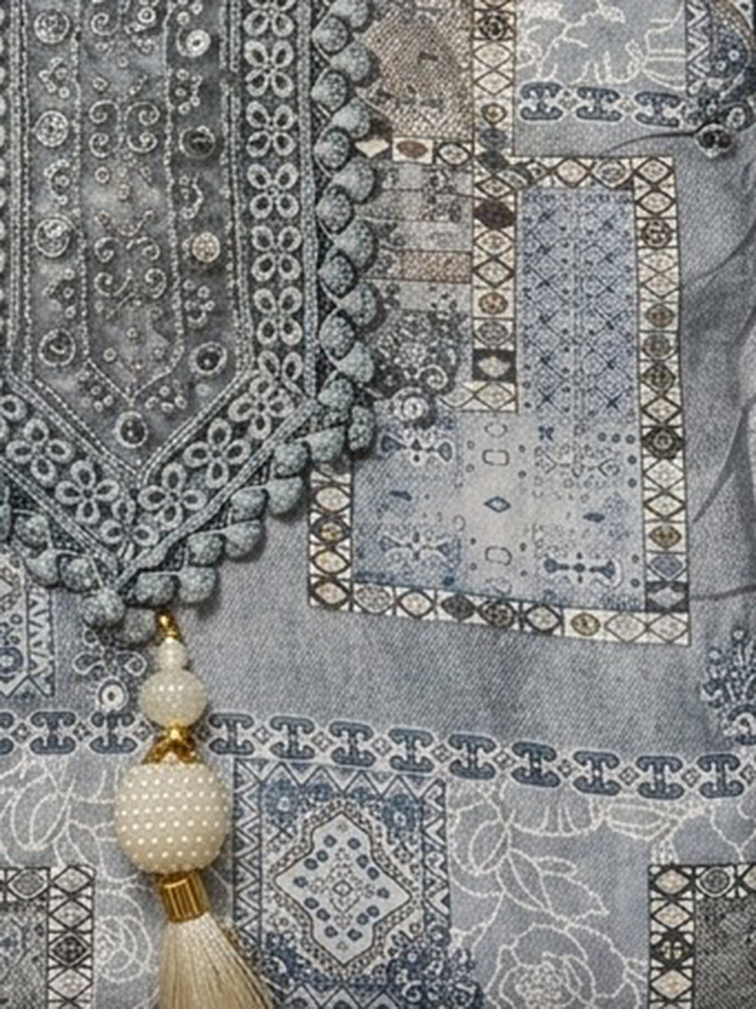 Grey Embroidered Cotton Blend Unstitched Suit &amp; Pant With Cotton Dupatta