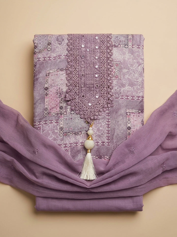 Lavender Embroidered Cotton Blend Unstitched Suit &amp; Pant With Cotton Dupatta