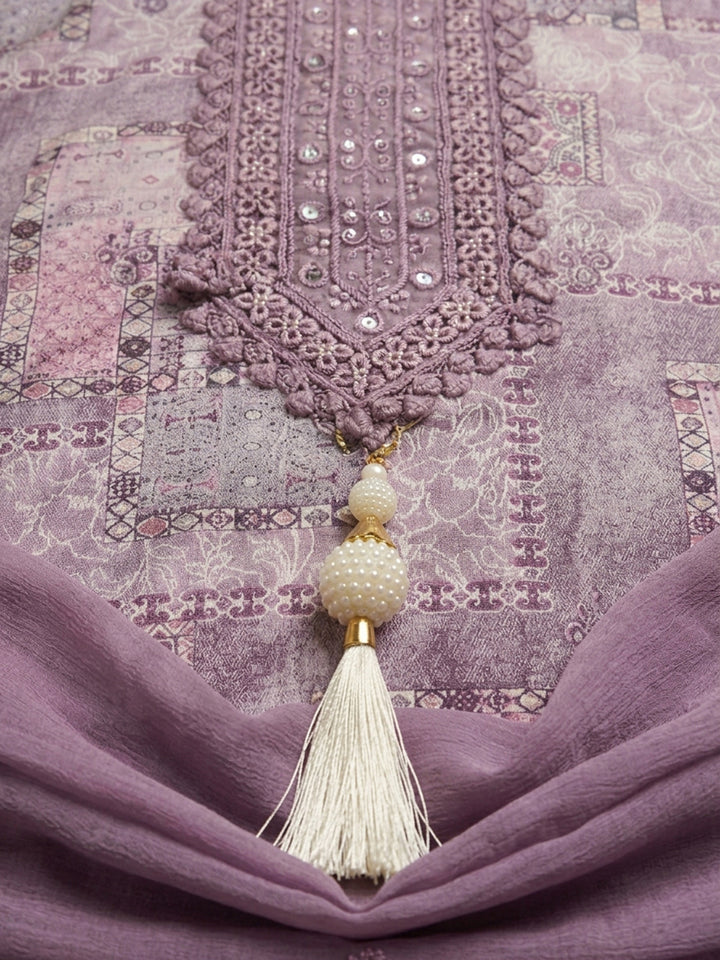 Lavender Embroidered Cotton Blend Unstitched Suit &amp; Pant With Cotton Dupatta
