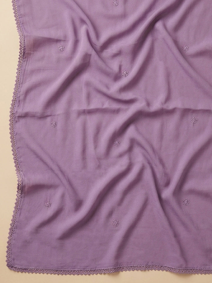 Lavender Embroidered Cotton Blend Unstitched Suit &amp; Pant With Cotton Dupatta