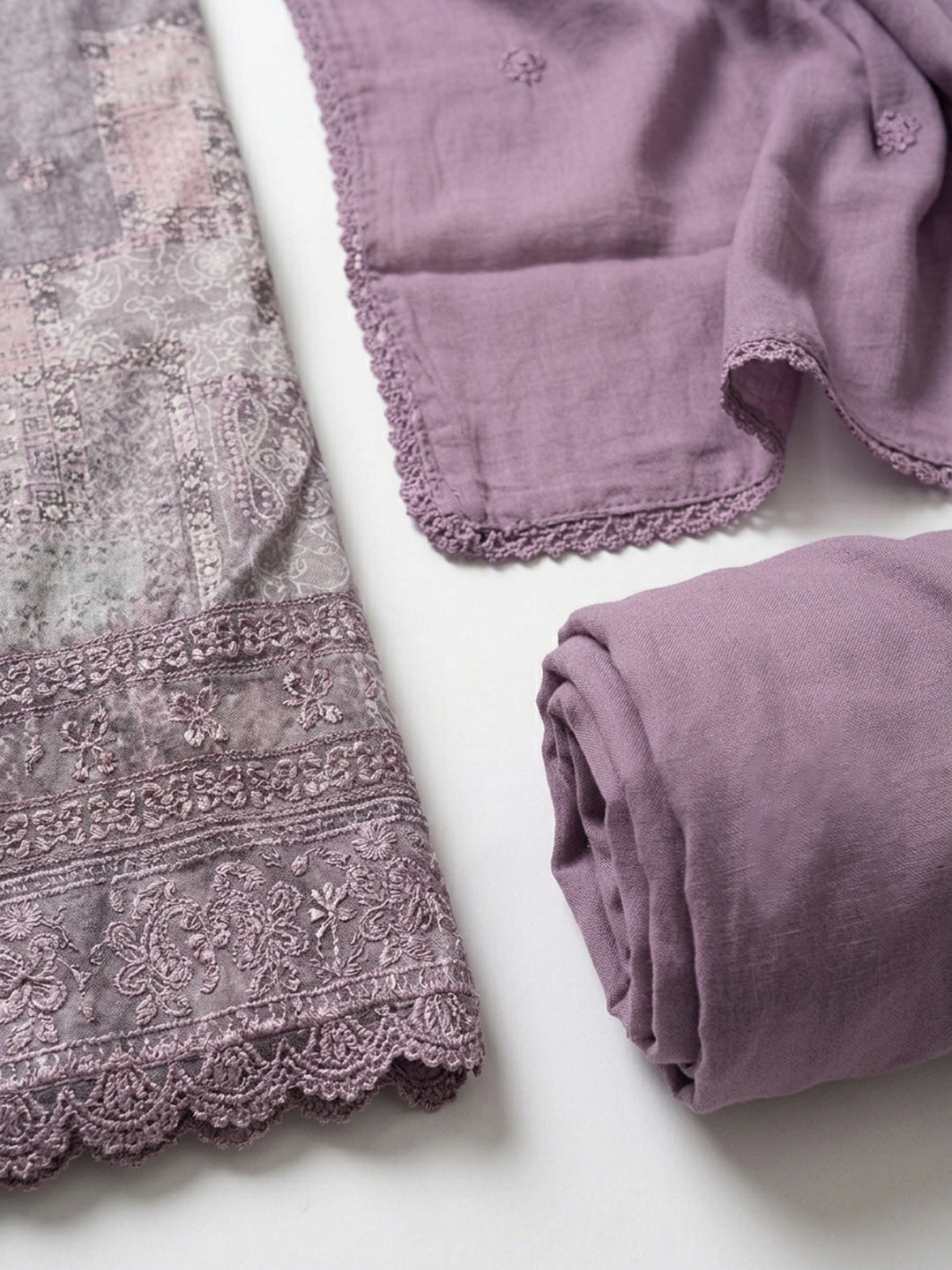 Lavender Embroidered Cotton Blend Unstitched Suit &amp; Pant With Cotton Dupatta