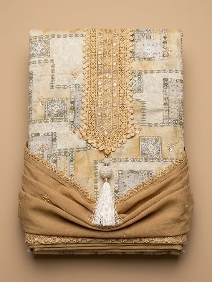 Mustard Embroidered Cotton Blend Unstitched Suit &amp; Pant With Cotton Dupatta