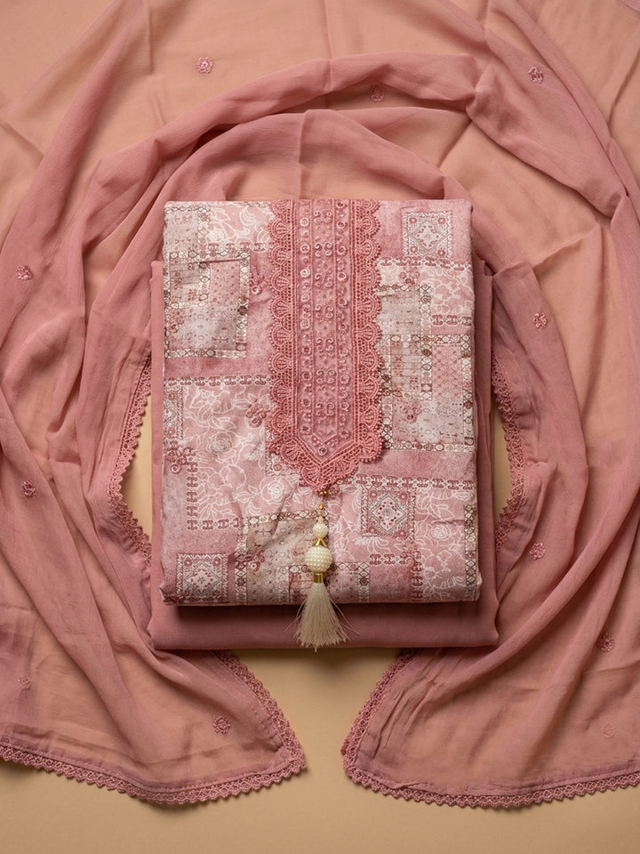 Peach Embroidered Cotton Blend Unstitched Suit &amp; Pant With Cotton Dupatta