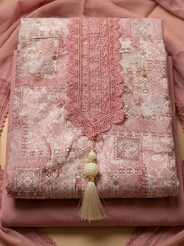Peach Embroidered Cotton Blend Unstitched Suit &amp; Pant With Cotton Dupatta