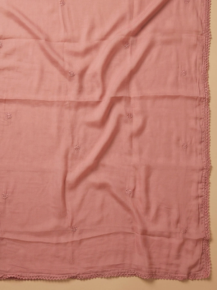 Peach Embroidered Cotton Blend Unstitched Suit &amp; Pant With Cotton Dupatta