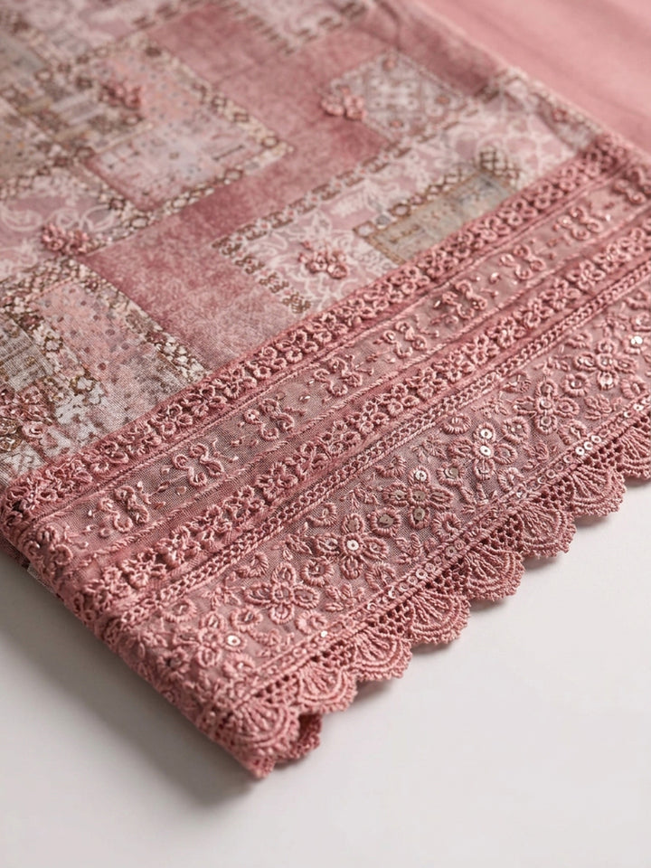 Peach Embroidered Cotton Blend Unstitched Suit &amp; Pant With Cotton Dupatta