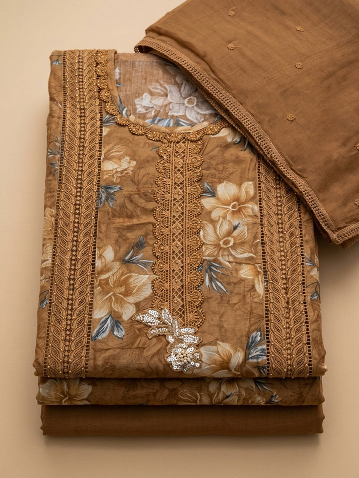 Brown Embroidered Cotton Blend Unstitched Suit &amp; Pant With Cotton Dupatta