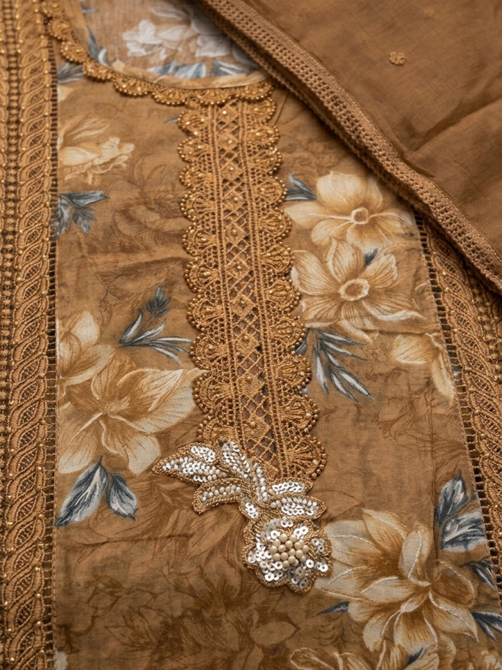 Brown Embroidered Cotton Blend Unstitched Suit &amp; Pant With Cotton Dupatta