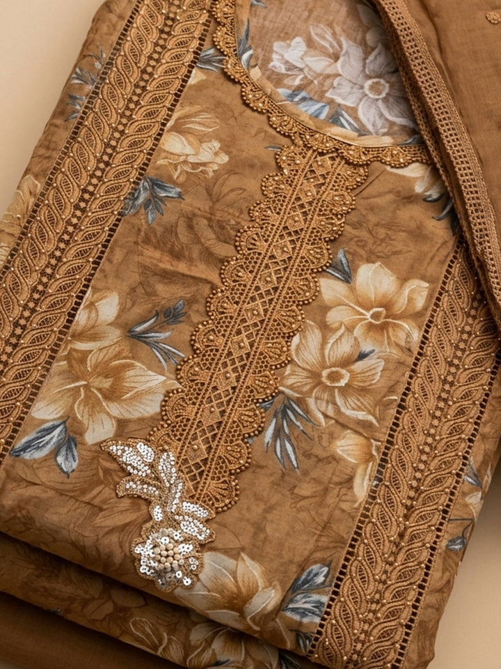 Brown Embroidered Cotton Blend Unstitched Suit &amp; Pant With Cotton Dupatta