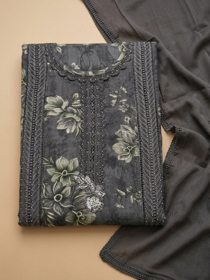Grey Embroidered Cotton Blend Unstitched Suit &amp; Pant With Cotton Dupatta