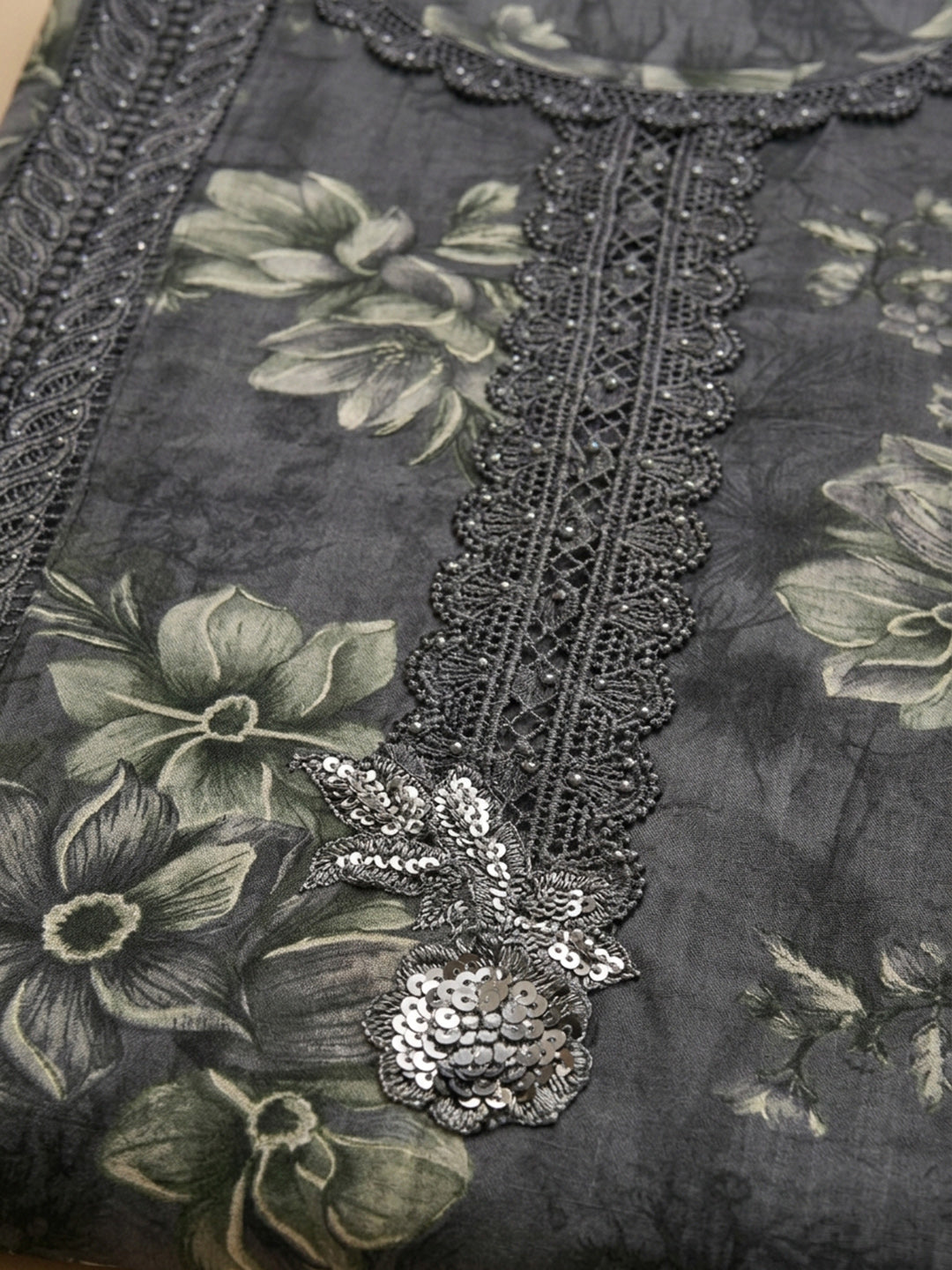 Grey Embroidered Cotton Blend Unstitched Suit &amp; Pant With Cotton Dupatta