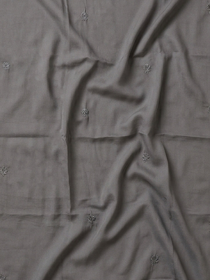Grey Embroidered Cotton Blend Unstitched Suit &amp; Pant With Cotton Dupatta