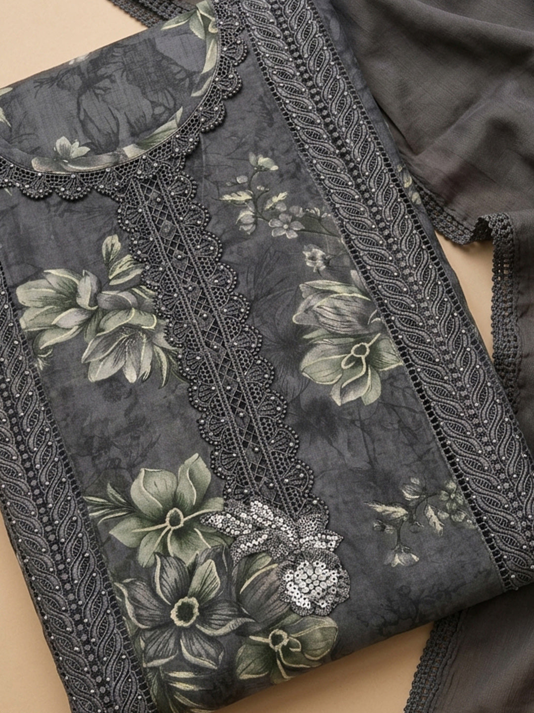 Grey Embroidered Cotton Blend Unstitched Suit &amp; Pant With Cotton Dupatta