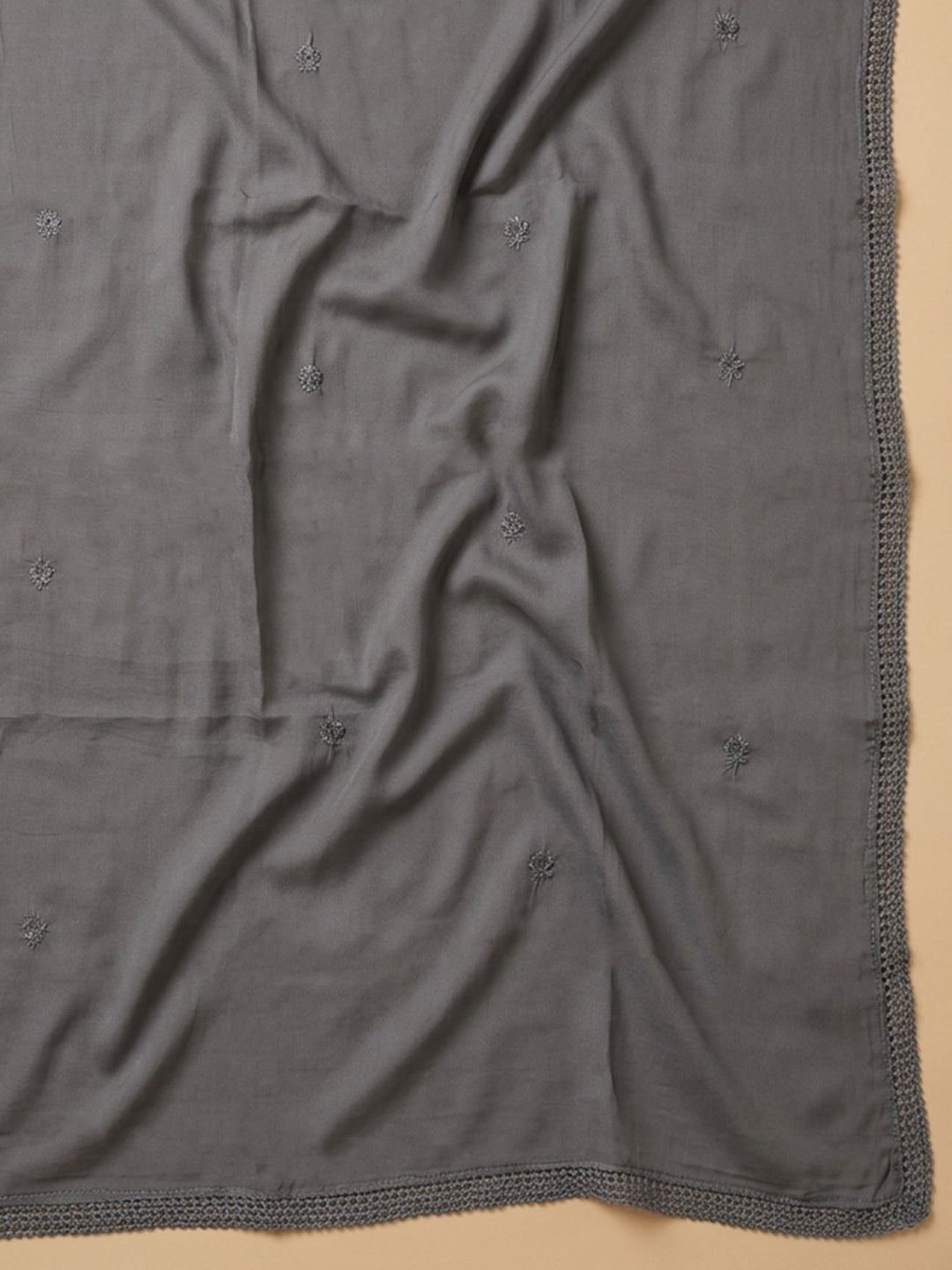 Grey Embroidered Cotton Blend Unstitched Suit &amp; Pant With Cotton Dupatta