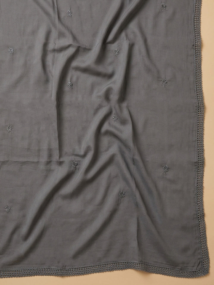 Grey Embroidered Cotton Blend Unstitched Suit &amp; Pant With Cotton Dupatta