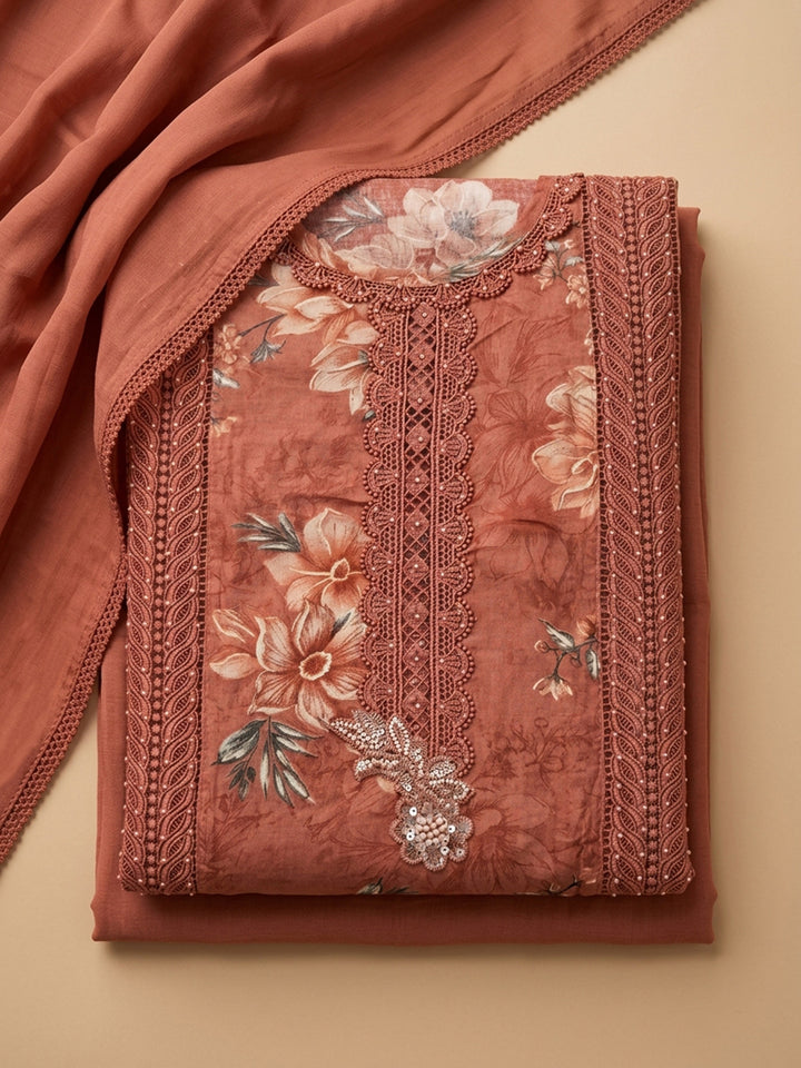 Rust Embroidered Cotton Blend Unstitched Suit &amp; Pant With Cotton Dupatta