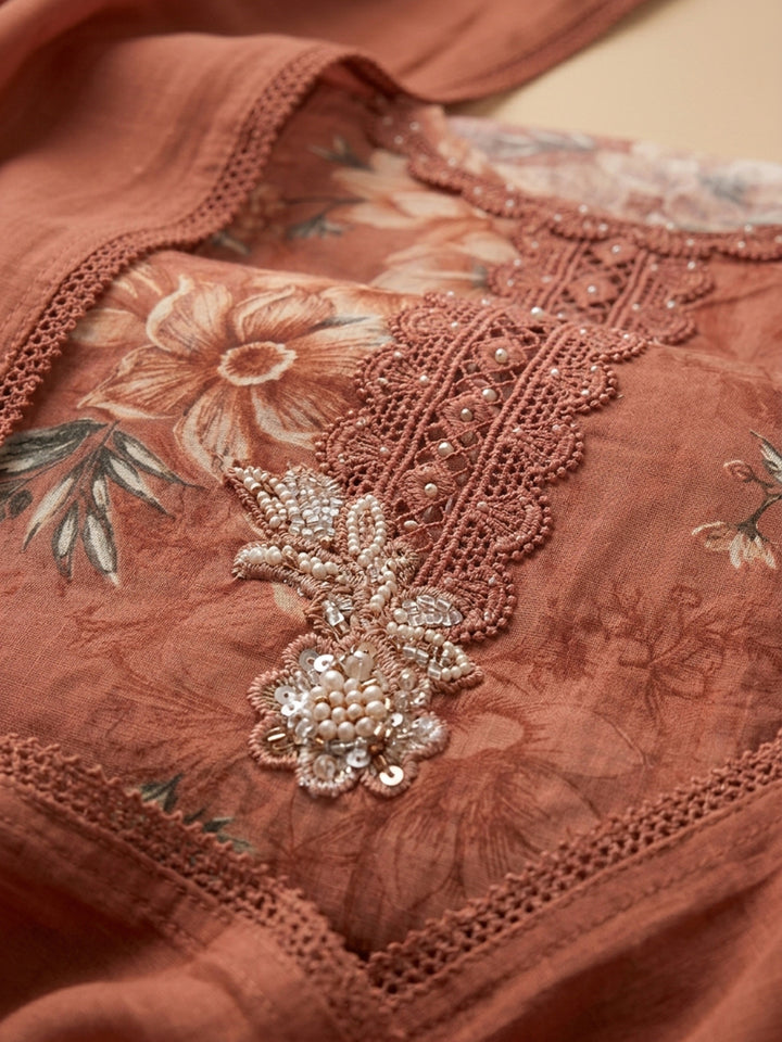 Rust Embroidered Cotton Blend Unstitched Suit &amp; Pant With Cotton Dupatta